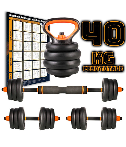 Set 6in1 Multifunzione Peso 40 Kg Manubri Con Bilanciere E Kettlebell Componibile         