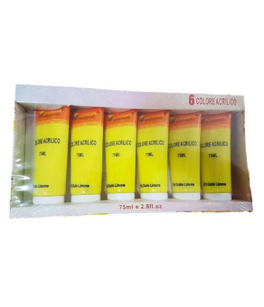 Set 6pz Pittura Acrilica Vernice Confezione Colore Giallo Limone Tubo 75ml 07490         