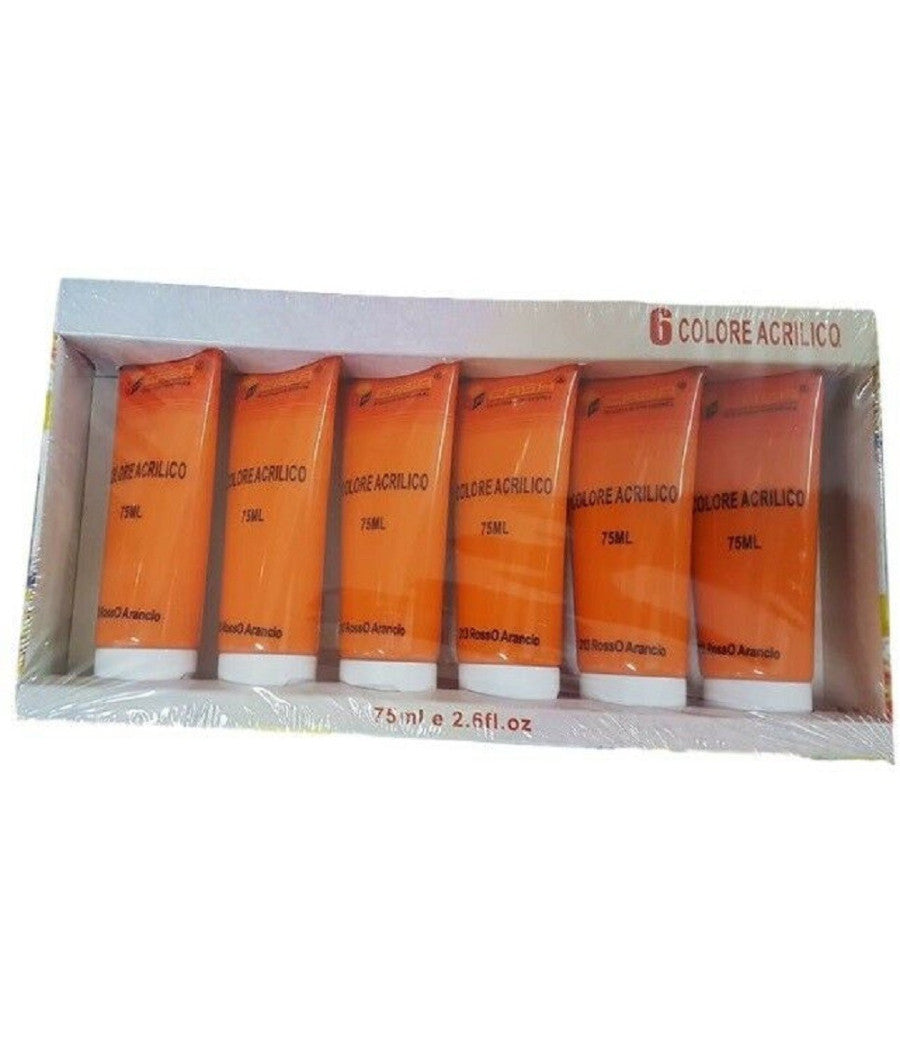 Set 6pz Pittura Acrilica Vernice Confezione Colore Rosso Arancio Tubo 75ml 07496         