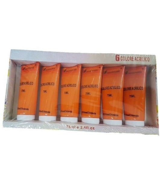 Set 6pz Pittura Acrilica Vernice Confezione Colore Rosso Arancio Tubo 75ml 07496         