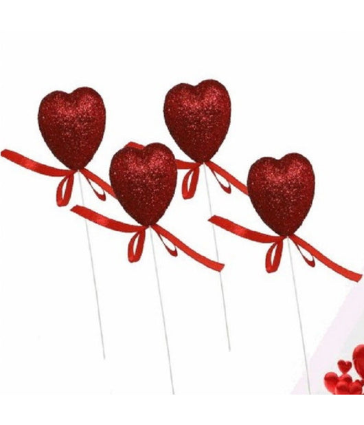 Set 8 Cuori Glitterati In Polistirolo Con Stand Spillone 5cm San Valentino 68331         