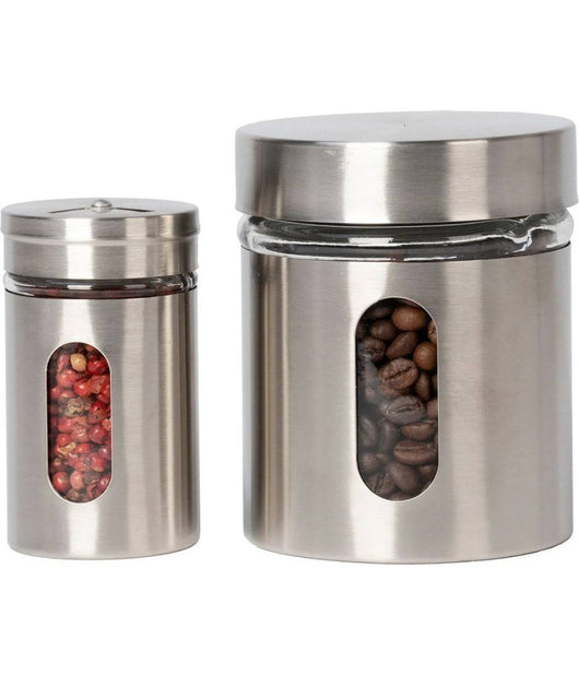 Set 8 Pezzi Barattoli Portaspezie In Vetro Acciaio Inox Con Stand Cucina         