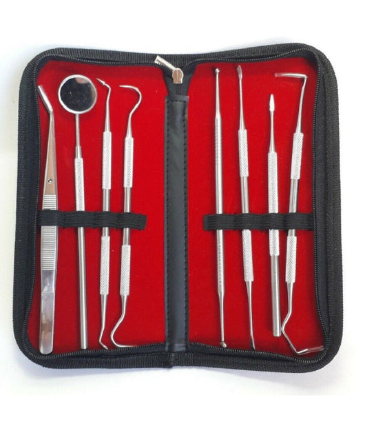 Set 8 Strumenti Pulizia Dentale Cura Dente Dentista Sonda Specchietto Pinzetta         