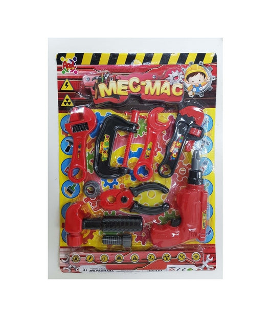 Set 9 Pz Meccanico Trapano Chiave Inglese Pinza Martello Plastica Gioco Bambini         