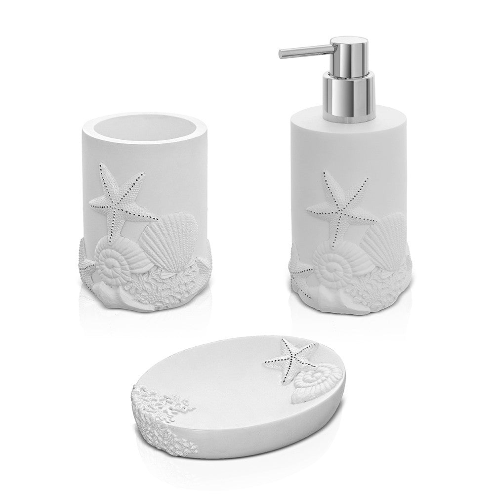 Set accessori bagno 3 pezzi da appoggio in resina bianco con decoro marino Coral