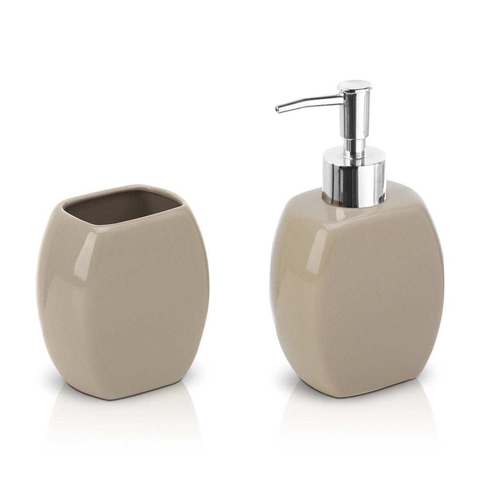 Set accessori bagno da appoggio dispenser e porta spazzolini in ceramica tortora