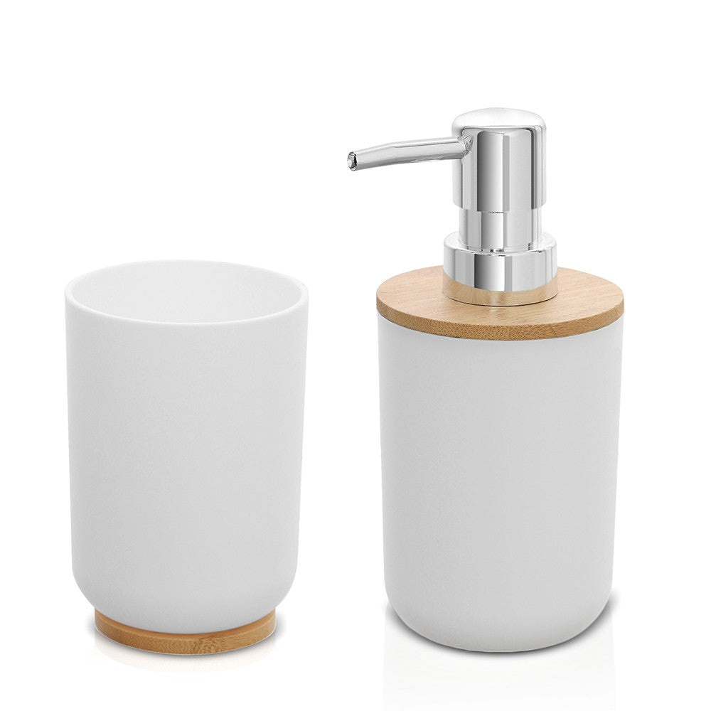 Set accessori bagno dispenser e portaspazzolini da appoggio bianco abs e bambù Surf