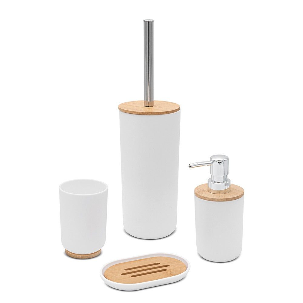 Set accessori bagno dispenser e portaspazzolini da appoggio bianco abs e bambù Surf