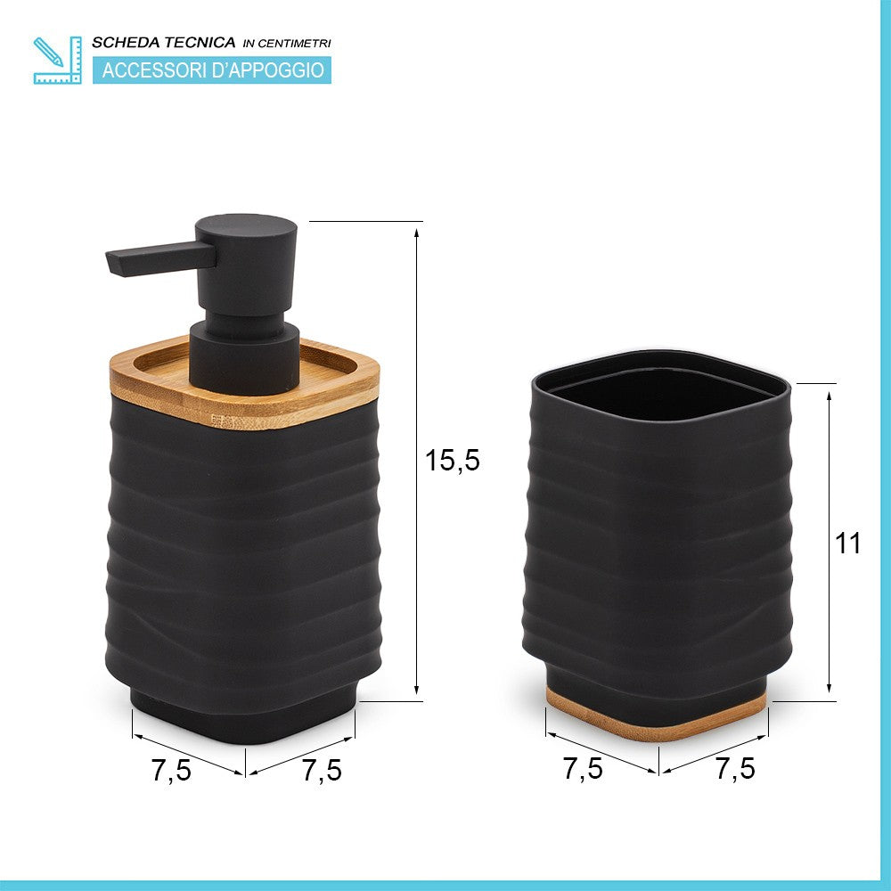 Set accessori bagno dispenser e portaspazzolini dâ€™appoggio in abs nero Wave