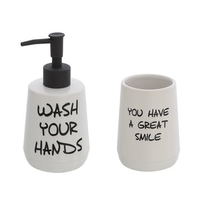 Set accessori linea Wash dispenser + portaspazzolini bianco con scritte