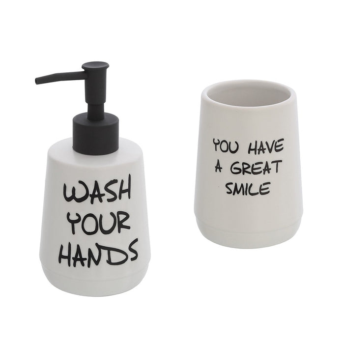 Set accessori linea Wash dispenser + portaspazzolini bianco con scritte