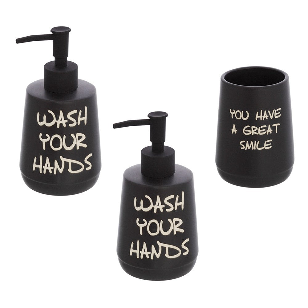 Set accessori linea Wash con 2 Dispenser + portaspazzolini nero con scritte