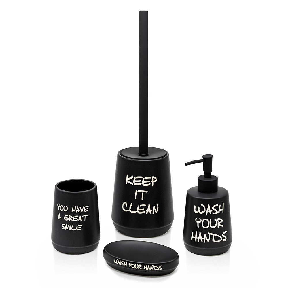 Set accessori linea Wash nero opaco con scritte completo di portascopino