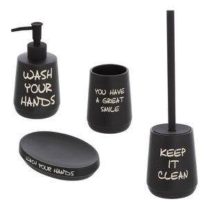 Set accessori linea Wash nero opaco con scritte completo di portascopino