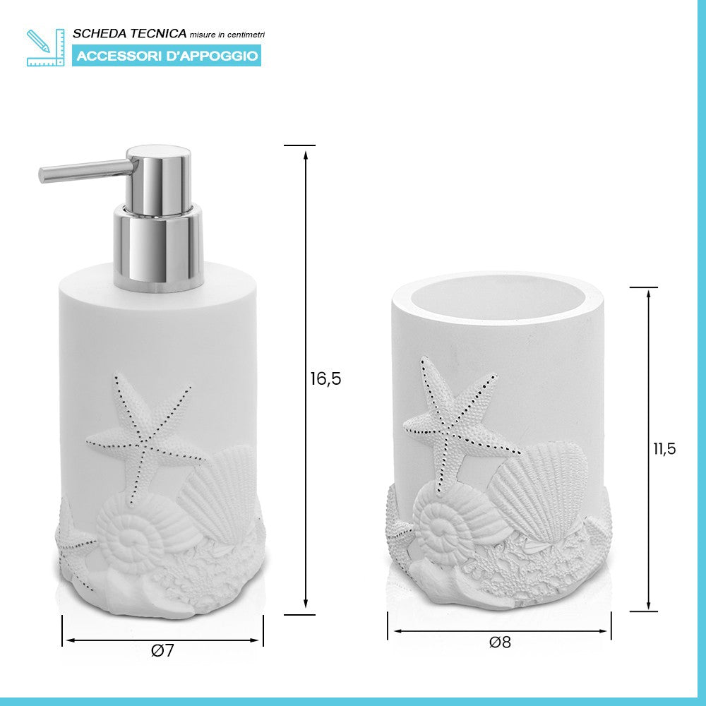 Set bagno con dispenser sapone e portaspazzolino da appoggio in resina bianco Coral