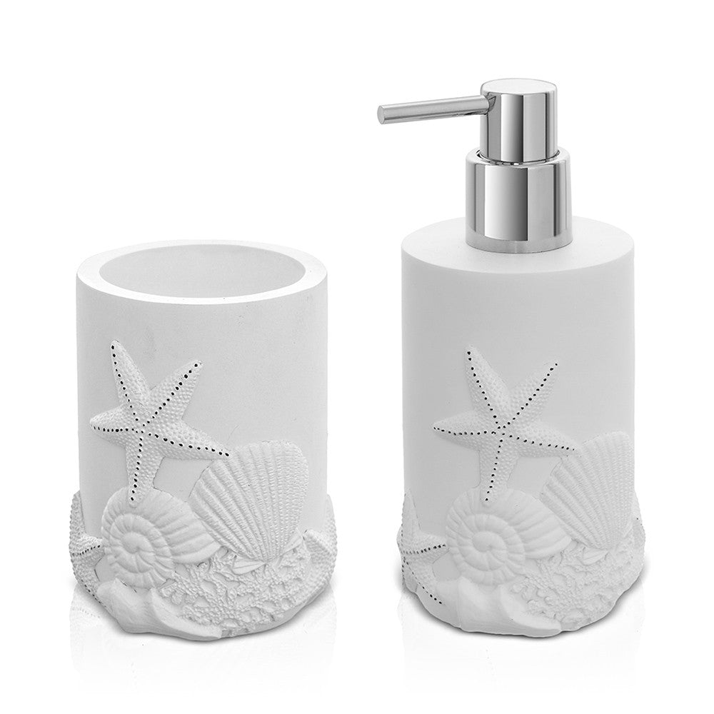 Set bagno con dispenser sapone e portaspazzolino da appoggio in resina bianco Coral