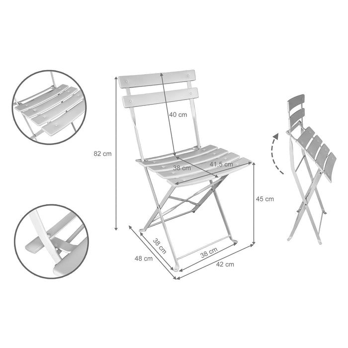 Set Bistrot 2 sedie + tavolino Pieghevole salvaspazio per Giardino, Balcone, Veranda e terrazza - Set di Arredamento per Esterni in Acciaio antiruggine. Colore Bianco.