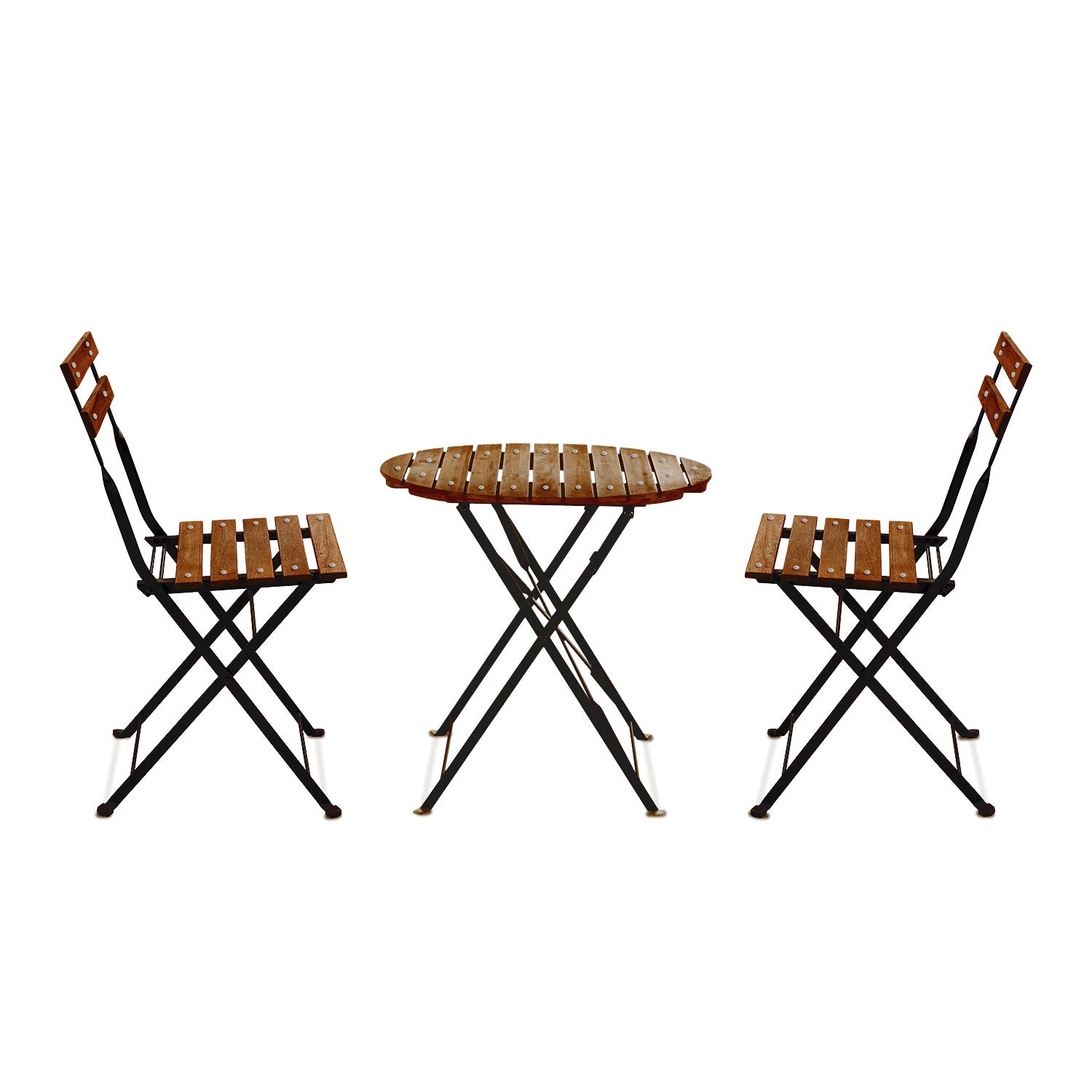 Avolio Bistrò - Set da giardino con tavolino e 2 sedie pieghevoli in acciaio e legno con finitura effetto teak. Bistrot set da esterno in stile retrò.