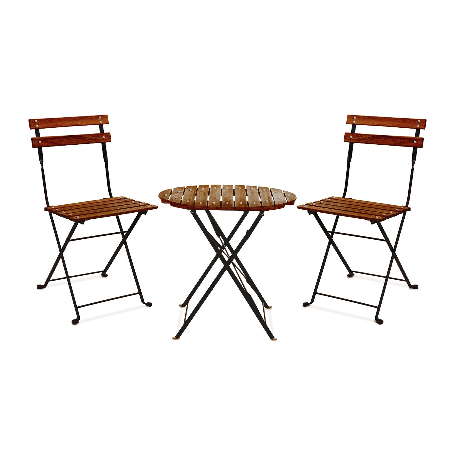 Avolio Bistrò - Set da giardino con tavolino e 2 sedie pieghevoli in acciaio e legno con finitura effetto teak. Bistrot set da esterno in stile retrò.