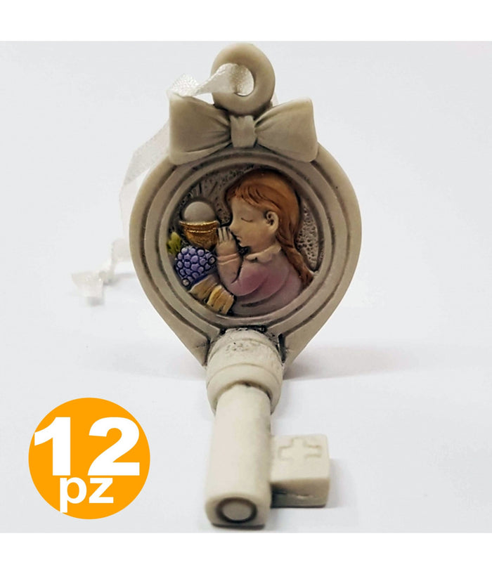 Set Bomboniera Chiave Fiocco Gancio Comunione Bambina Sacra Eucarestia Ceramica         