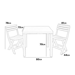 Club - Set da pranzo in resina con finitura effetto legno 3d. Set bistrot da esterno con 2 sedie pieghevoli + tavolo dogato 80x72x70H cm. Set da giardino bianco o antracite.