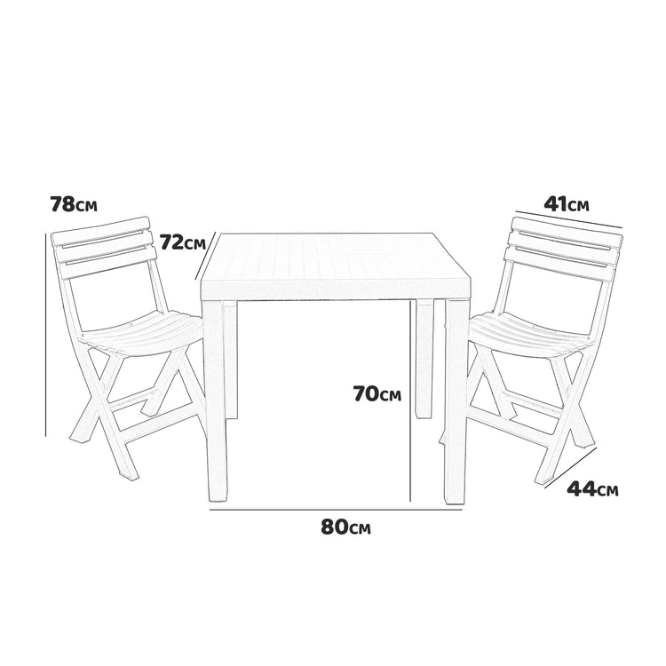 Club - Set da pranzo in resina con finitura effetto legno 3d. Set bistrot da esterno con 2 sedie pieghevoli + tavolo dogato 80x72x70H cm. Set da giardino bianco o antracite.