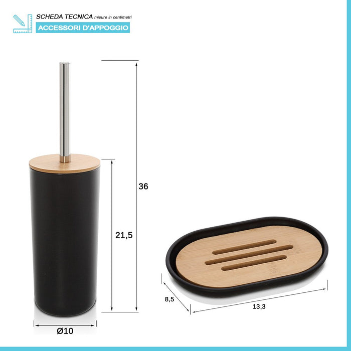 Set completo accessori bagno da appoggio in abs nero e bamboo Surf