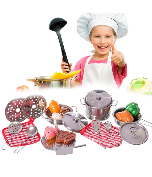 Set Cucina Giocattoli Bambini In Metallo 23pz Con Pentole Mestoli E Accessori         