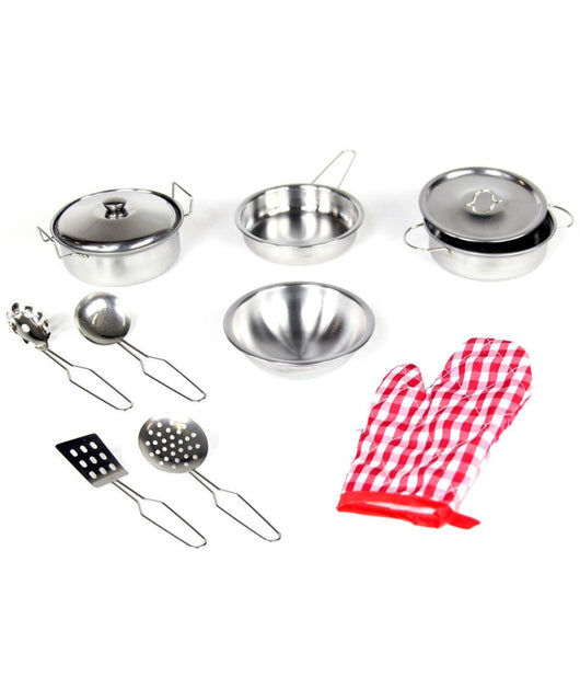 Set Cucina Giocattoli Per Bambini In Metallo 10pz Con Pentole Mestoli E Guanto         