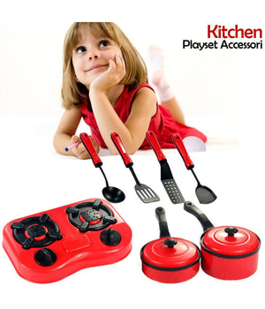 Set Cucina Per Bambine 7pz Con Piano Cottura Stoviglie Pentole E Accessori Gioco         