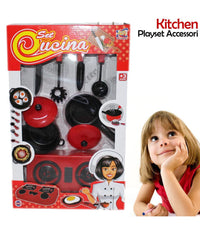 Set Cucina Per Bambine 7pz Con Piano Cottura Stoviglie Pentole E Accessori Gioco         