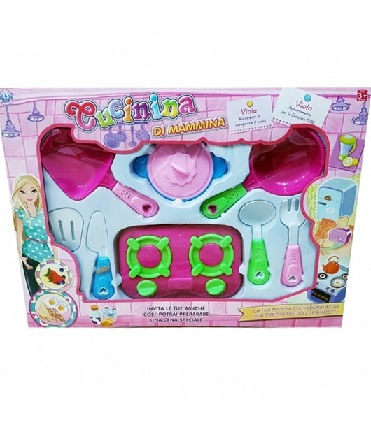 Set Cucinina Cucina Di Mamma Fornello Pentole Padelle Stoviglie Utensili Posate         