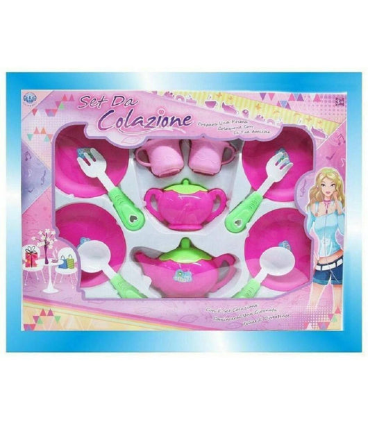 Set Da Colazione Con Teiera Piattini Tazzine Posate Giocattolo Gioco Bambina         