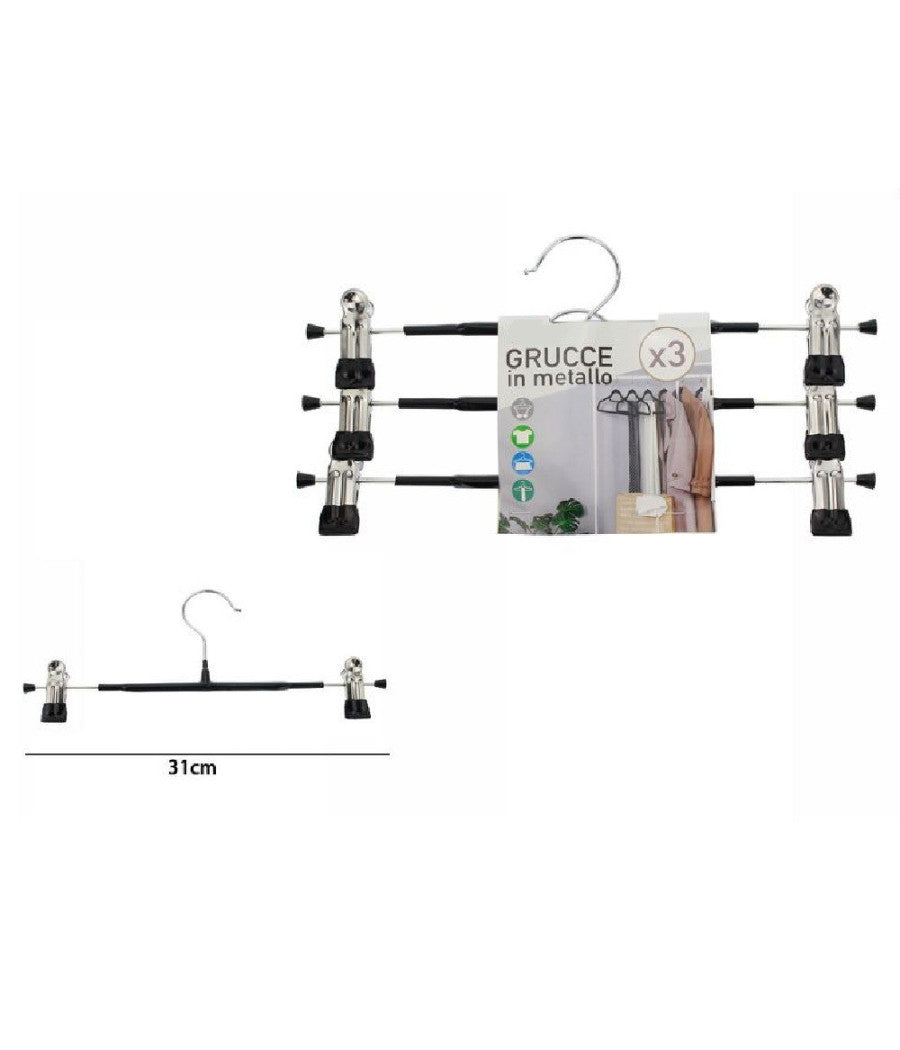 Set Di 3 Pz Grucce Gruccia In Metallo Nera Con Clip 31cm Vestiti Pantaloni 67620         