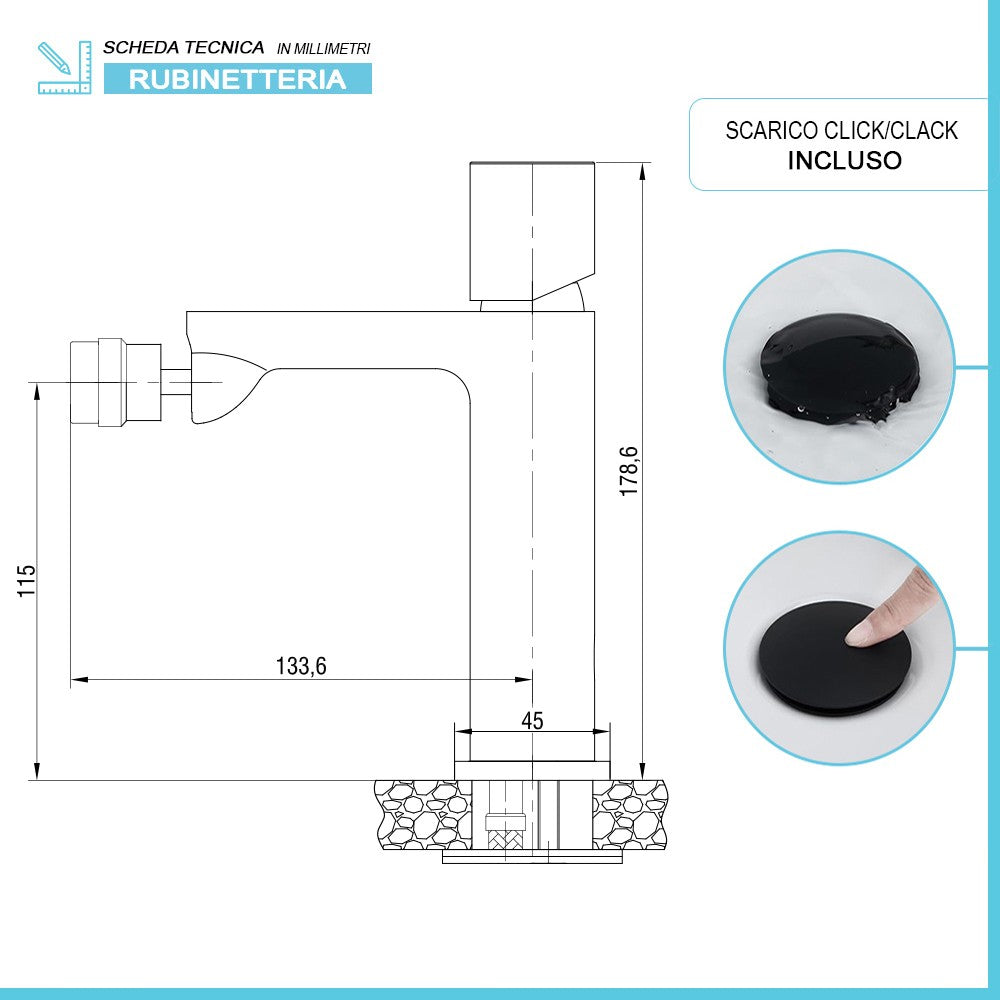 Set di rubinetti lavabo e bidet nero opaco con piletta Lotus