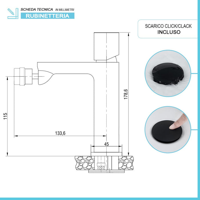 Set di rubinetti lavabo e bidet nero opaco con piletta Lotus