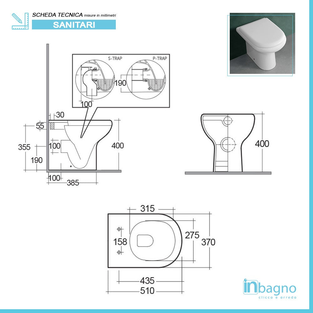 Set di Sanitari filomuro Rak serie Compact con sedile avvolgente