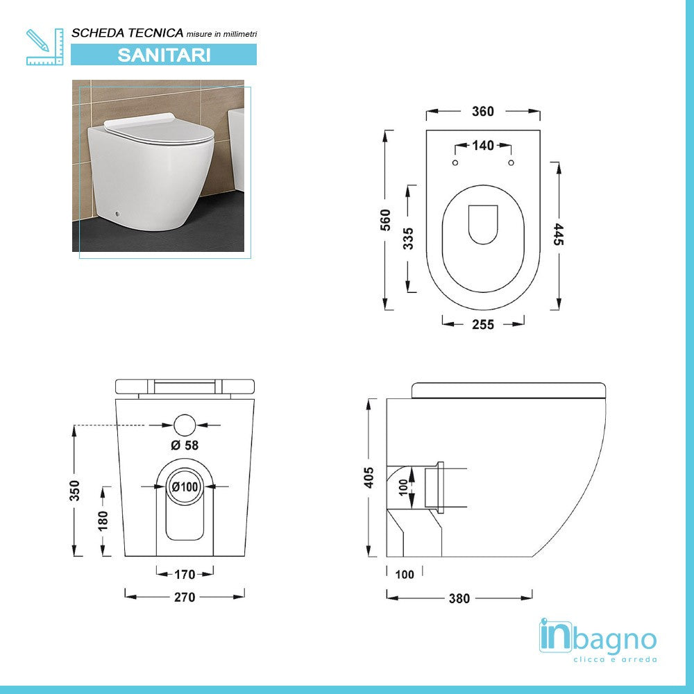 Sanitari Filomuro Rimless Serie Tokyo wc senza brida + bidet + copriwc rallentato