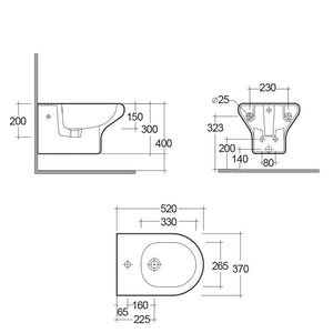 Set di Sanitari sospesi con WC + Bidet + Copriwater tradizionale, interasse 23