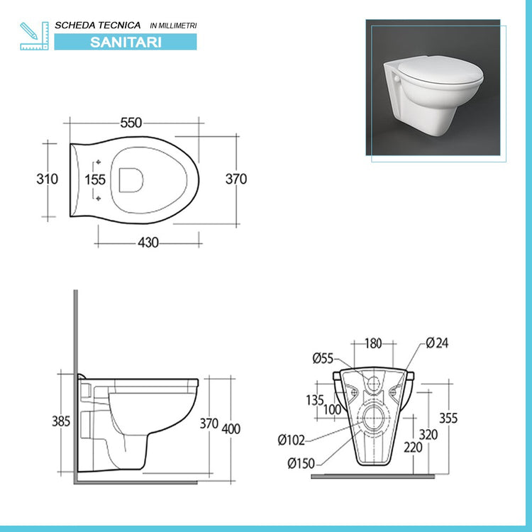 Set di Sanitari sospesi Karla in ceramica WC + Bidet + Copriwater