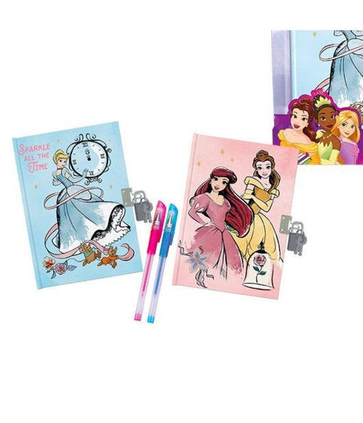 Set Diari Segreti Principesse Disney Lucchetto Chiavi Penne Glitterate Colorate         