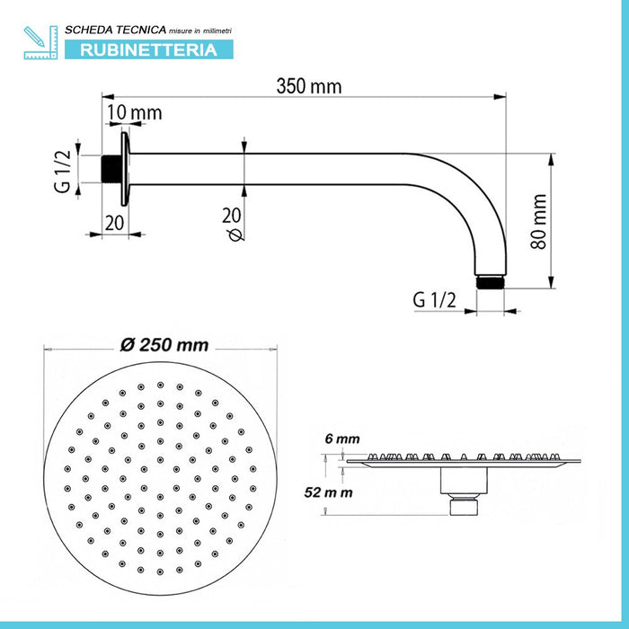 Set doccia a incasso con braccio 35 cm e soffione tondo 25 cm Zoe