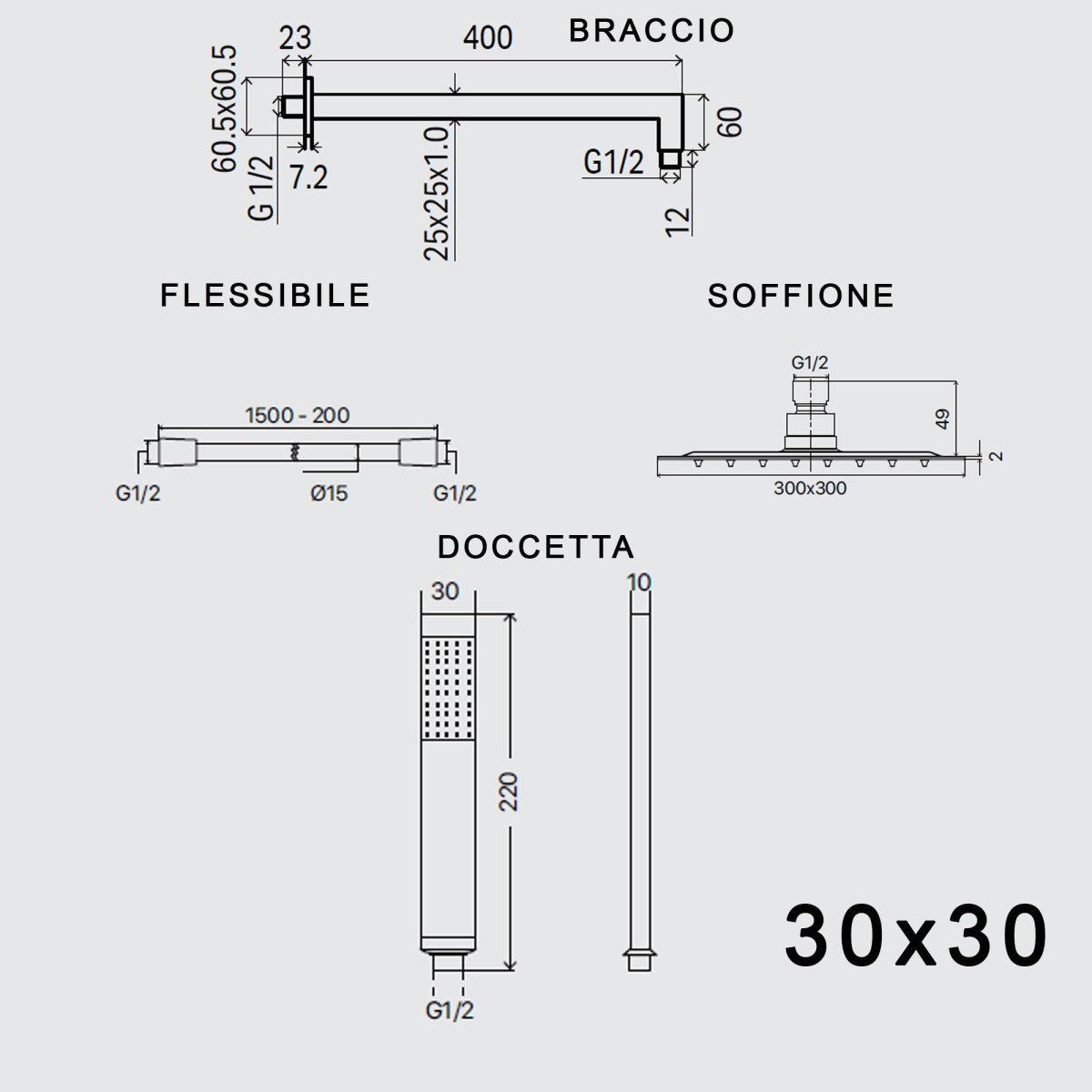 Set doccia braccio soffione e doccetta in ottone cromato, misura 30x30