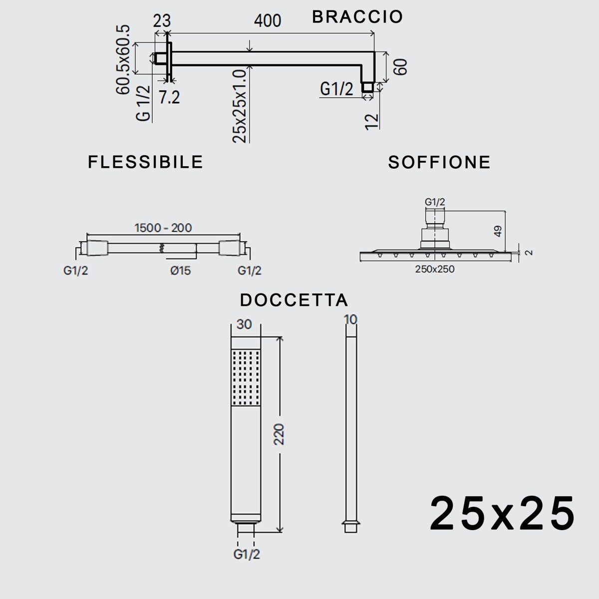 Set doccia braccio soffione e doccetta in ottone cromato, misura 25x25