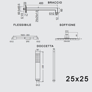 Set doccia braccio soffione e doccetta in ottone cromato, misura 25x25