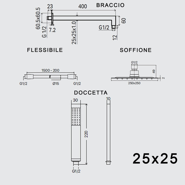 Set doccia braccio soffione e doccetta in ottone cromato, misura 25x25