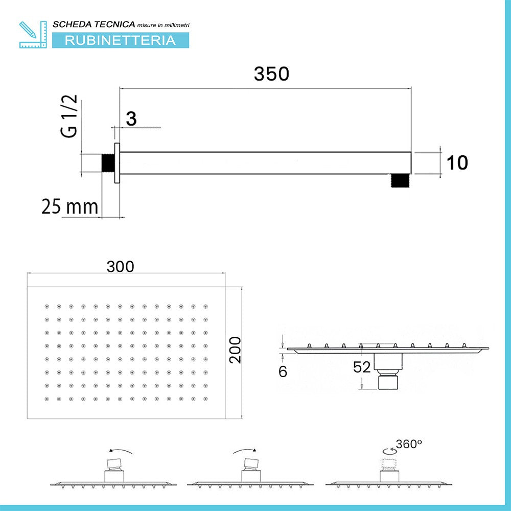 Set doccia con braccio 35 cm e soffione 30x20 cm in inox nero opaco