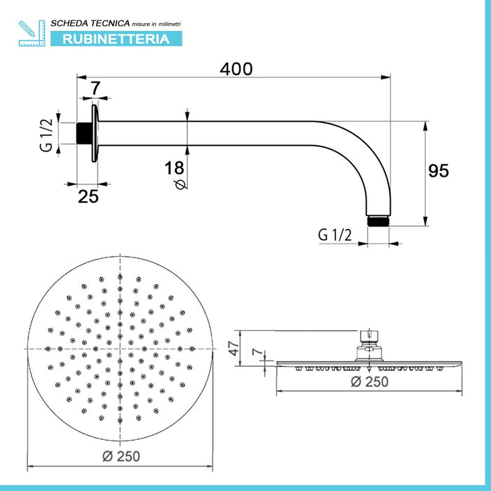 Set doccia con braccio 40 cm e soffione 25 cm in inox nero opaco