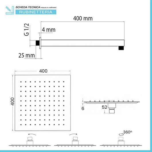 Set doccia cromato con braccio soffione quadrato 40x40 e kit doccia 