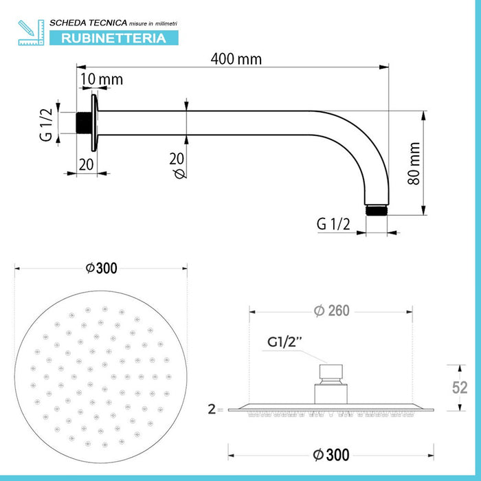 Set doccia cromo braccio tondo 40 cm + soffione tondo 30 cm in acciaio inox